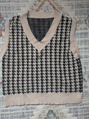 Beige and Black Houndstooth V-Neck Sweater Vest